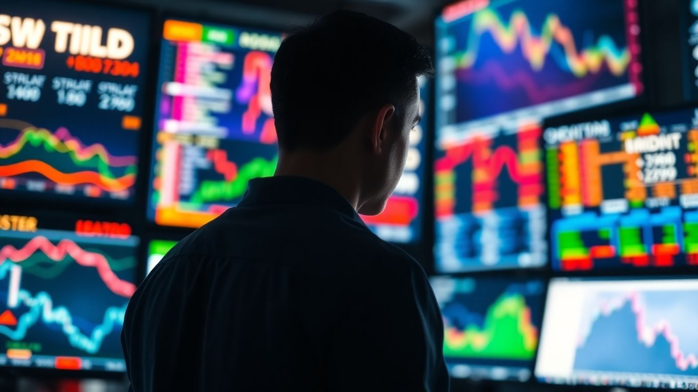 Day trader focused on glowing market charts.