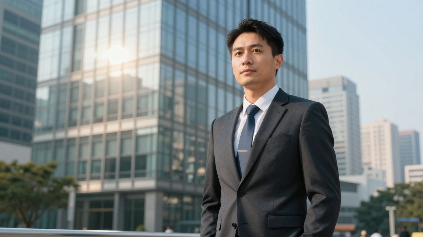 Real estate broker in front of office building with cityscape.