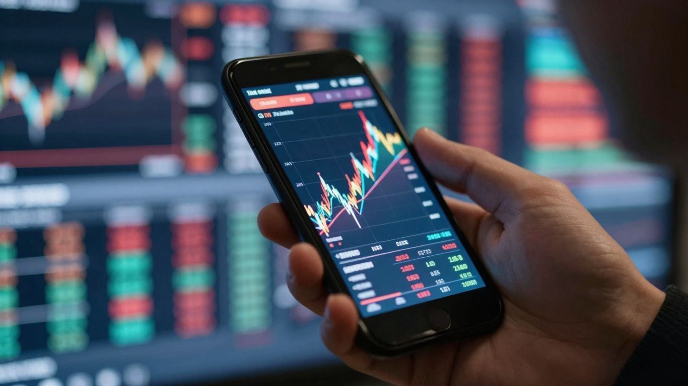 Hand holding smartphone with abstract market trend
