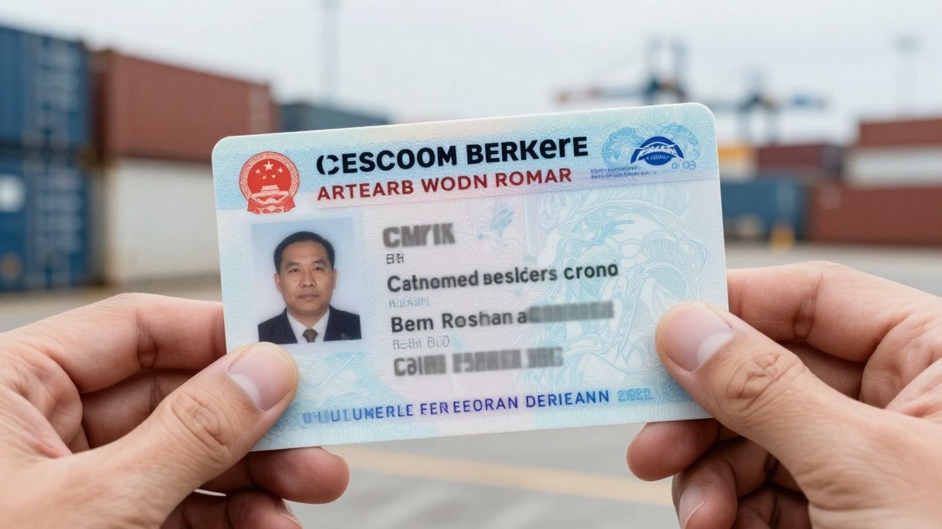 Customs broker license held in hand with port background.