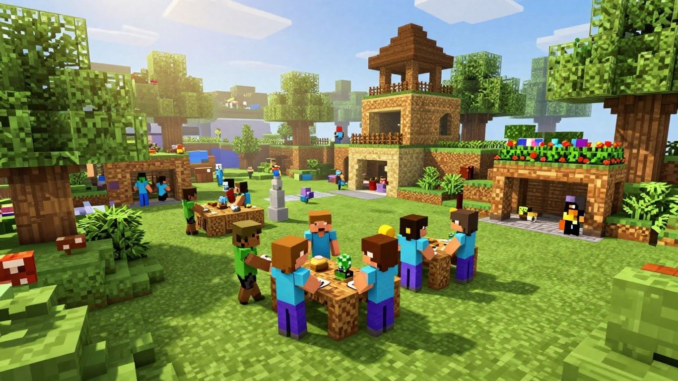 Minecraft villager trading hub with workstations and villagers.