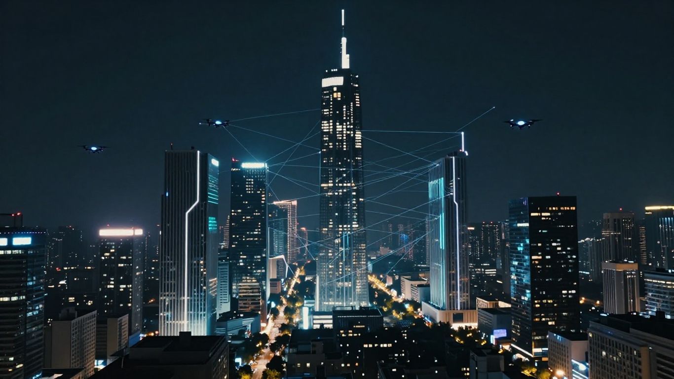 Futuristic cityscape with glowing digital connections and drones.
