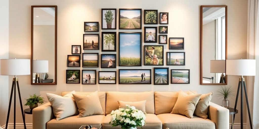 Gallery wall with mirrors and framed photographs.