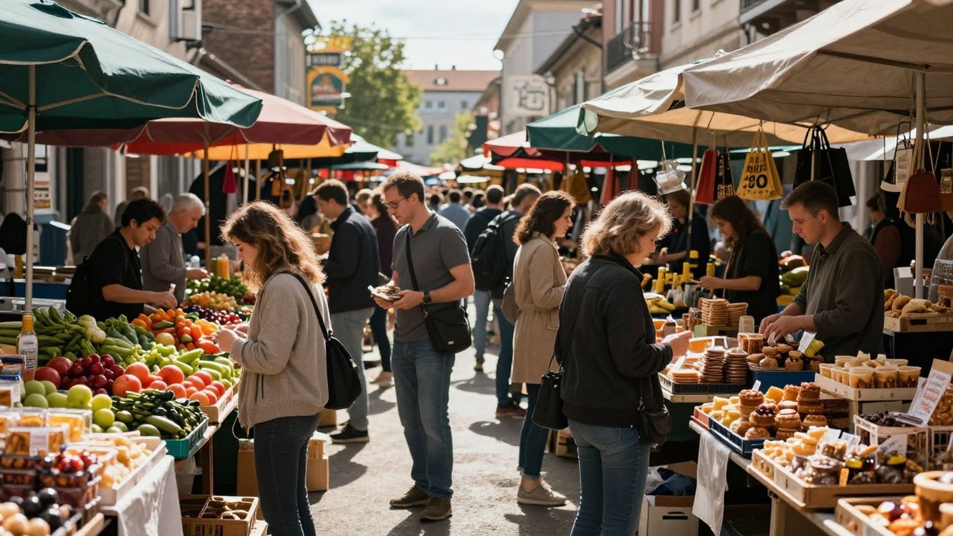 Bustling outdoor food market with diverse stalls and people.
