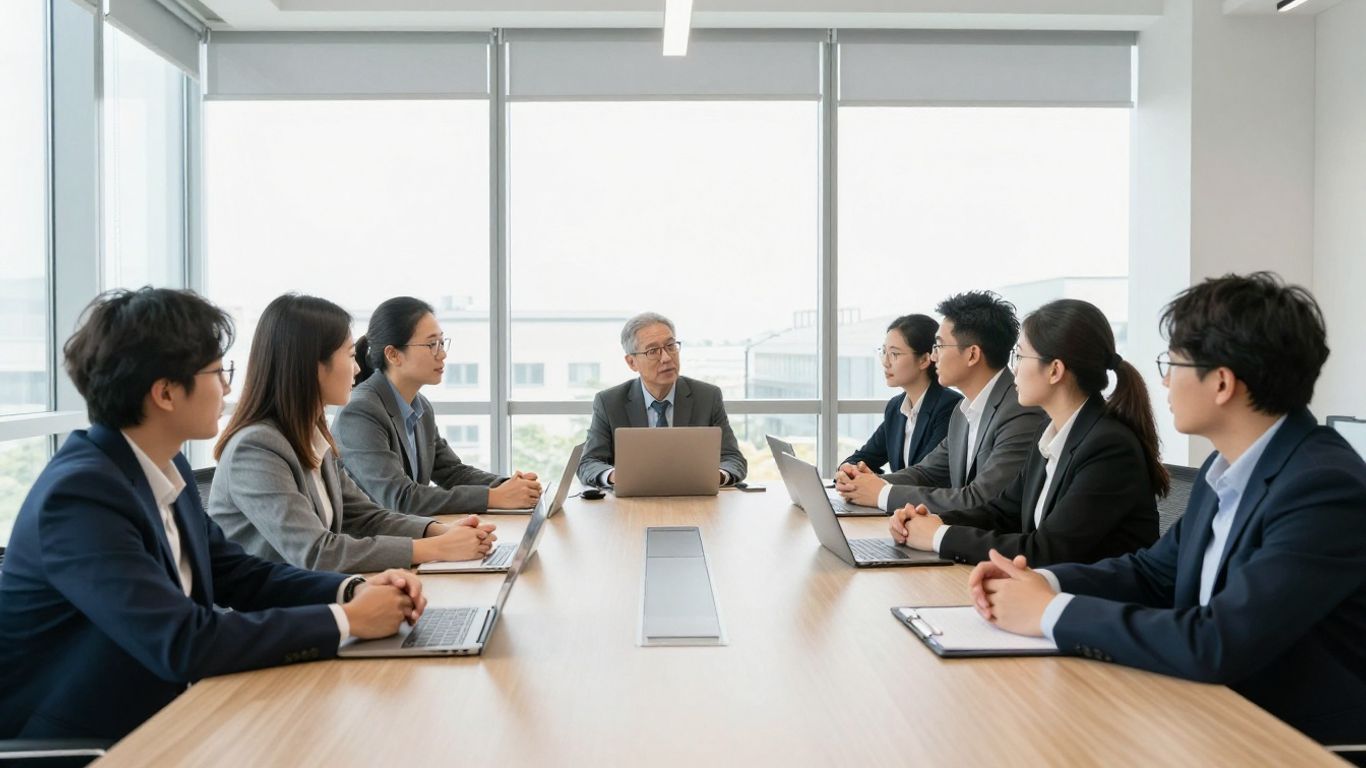 Professionals discussing investments in a modern office.