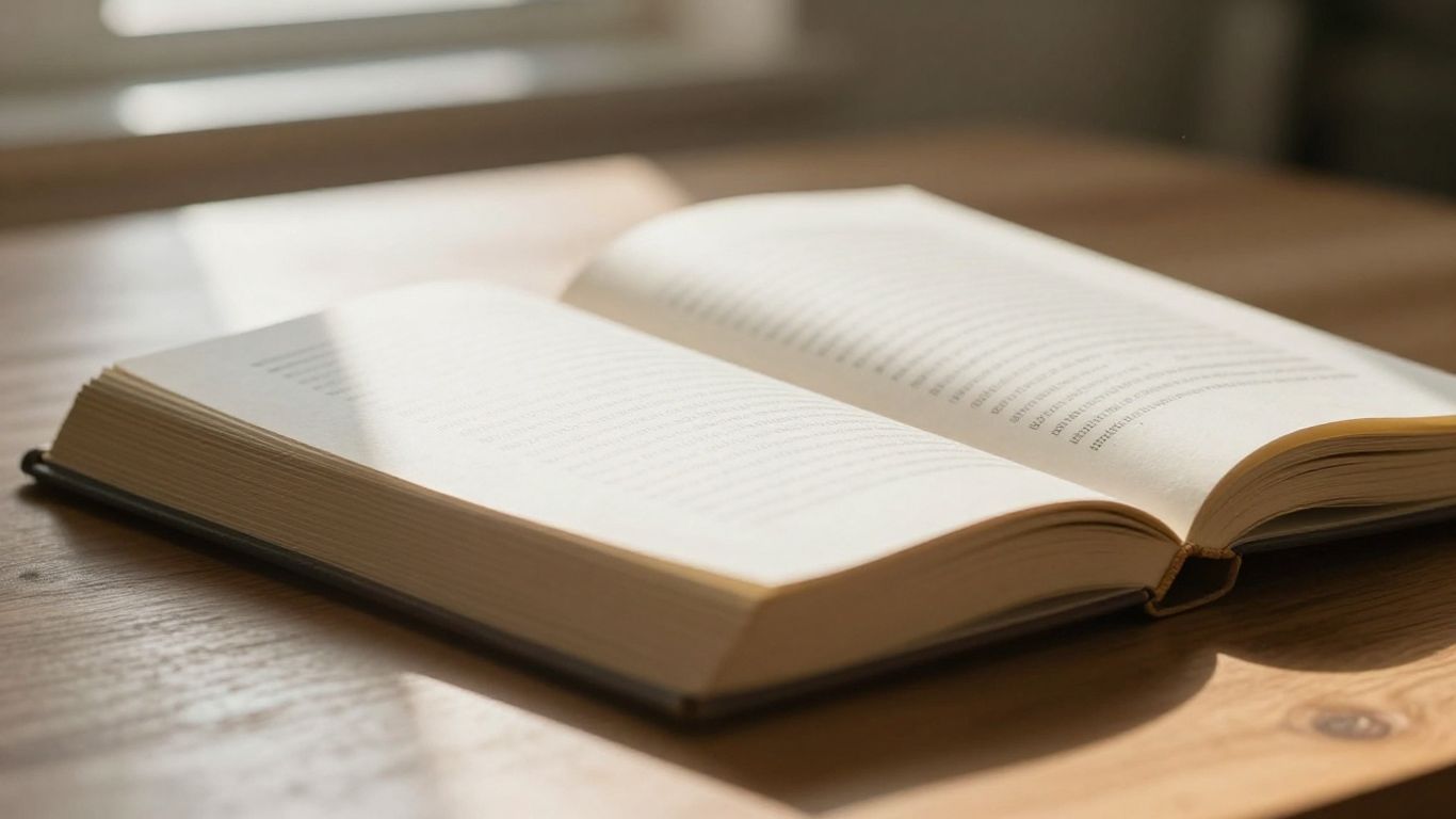 Open trading book on a wooden desk with sunlight.