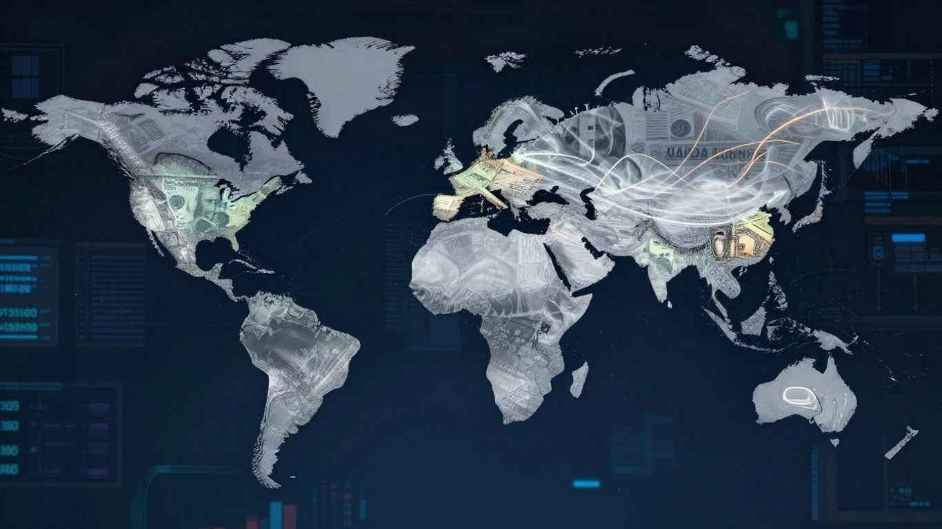 Forex market with world map and currency exchange.