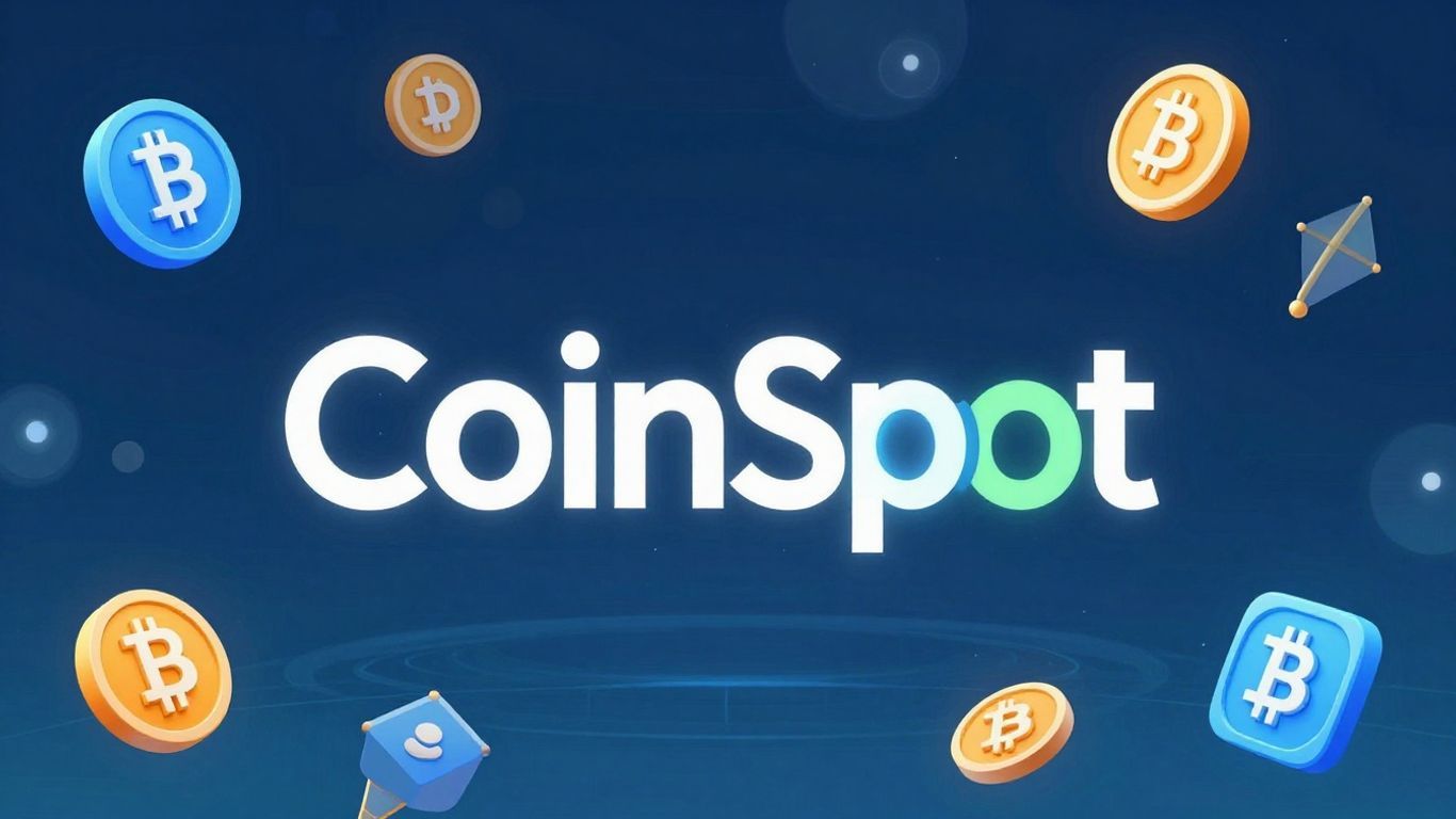 CoinSpot logo with abstract crypto icons in a digital background.