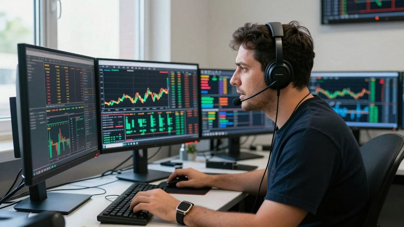 Trader at workstation viewing live day trading streams