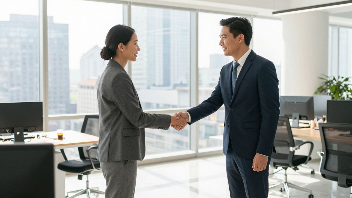 Real estate agent and client shaking hands in office.