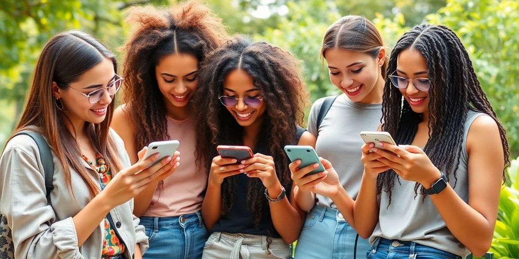 A group of girls using smartphones in a lively setting.