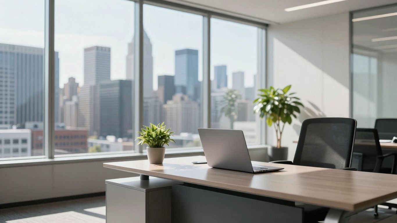 Fidelity office with city view, laptop on desk.