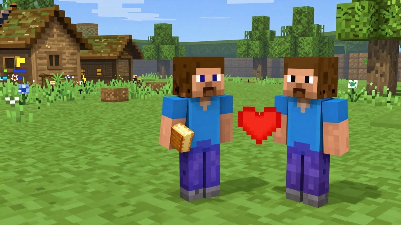 Minecraft villagers breeding with hearts above them.
