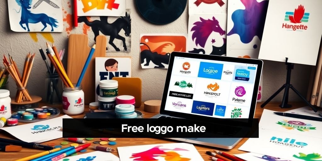 Colorful workspace with design tools and logo drafts.