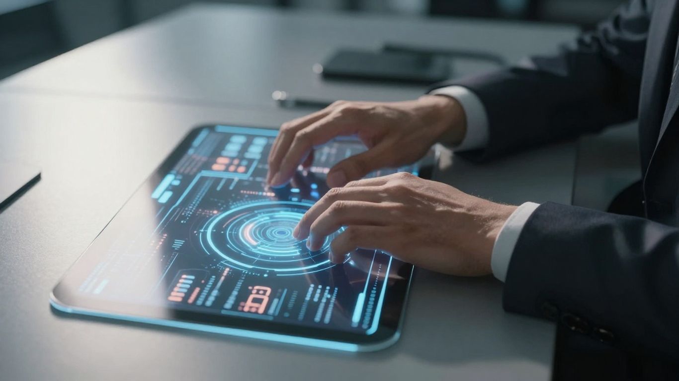 Modern trading desk with hand over glowing interface.