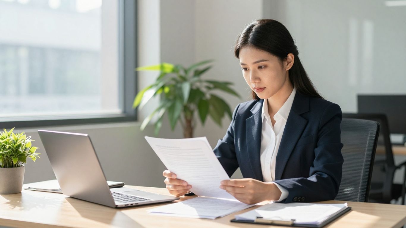 Insurance broker in office, looking at documents.