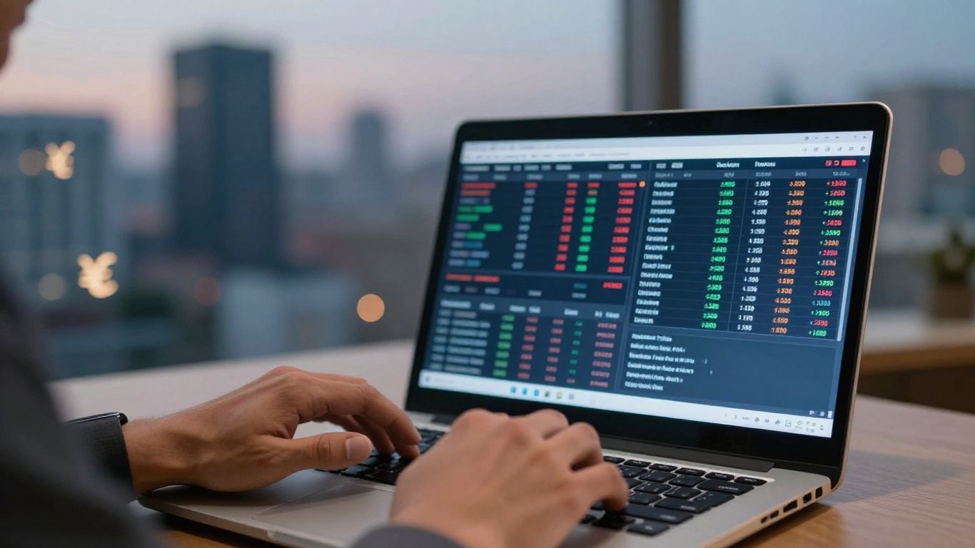 Forex trading platform with cityscape background.