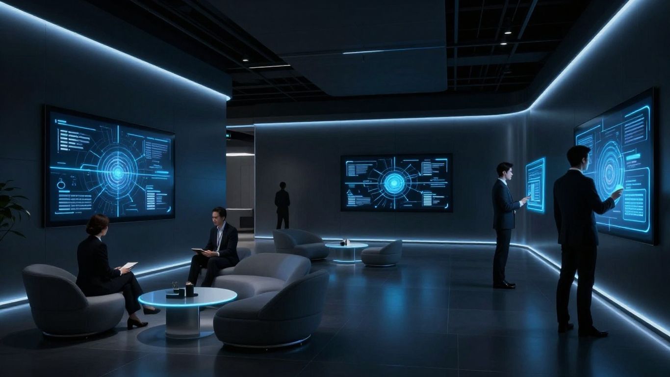 Futuristic smart building interior with glowing lights and holograms.