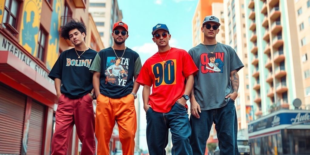 Men in 90's streetwear against an urban backdrop.