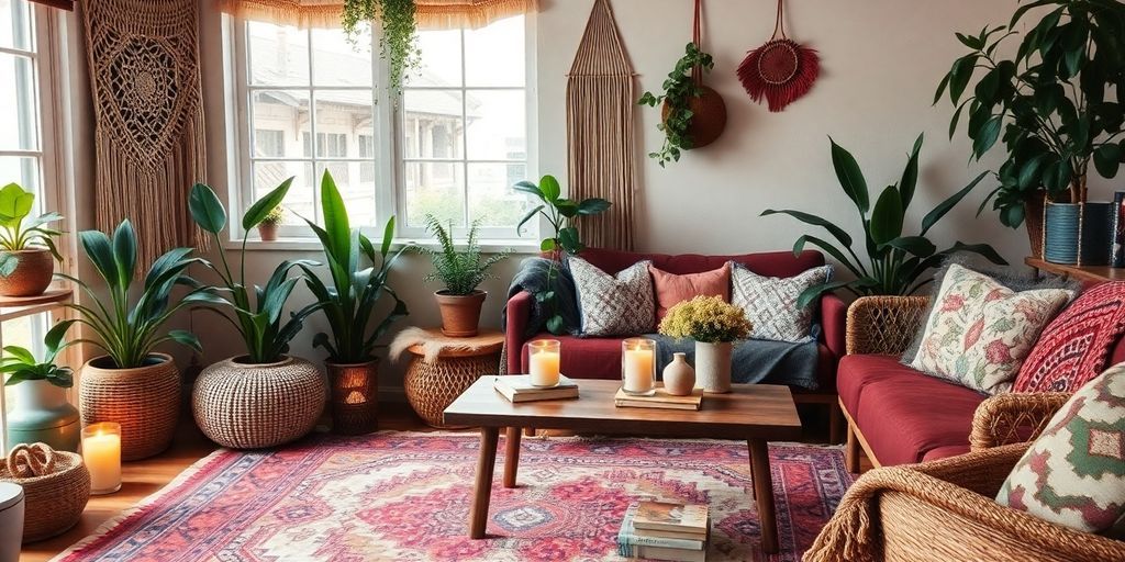 Cozy bohemian living space with plants and textiles.