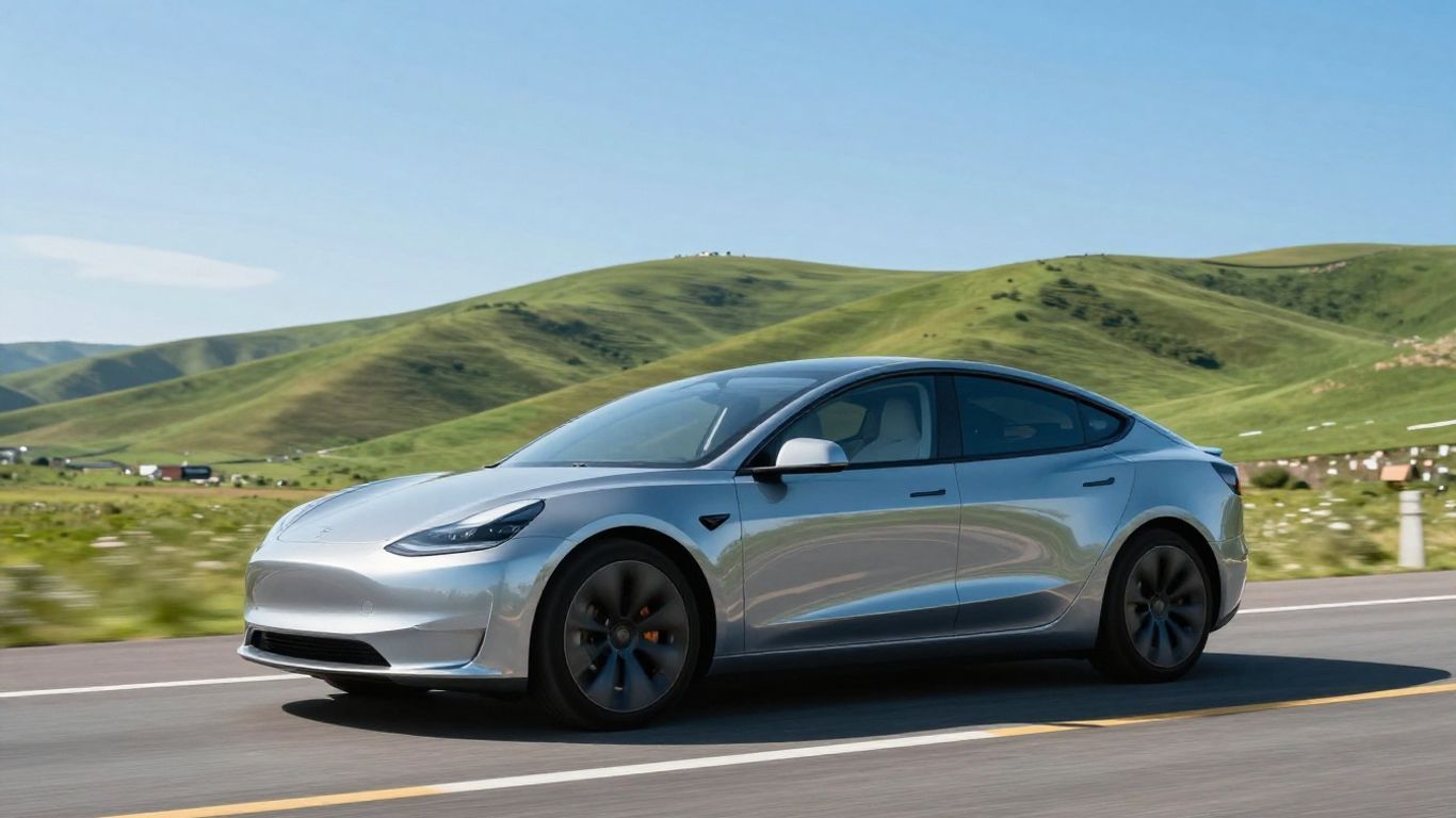 Futuristic Tesla electric car on a highway.