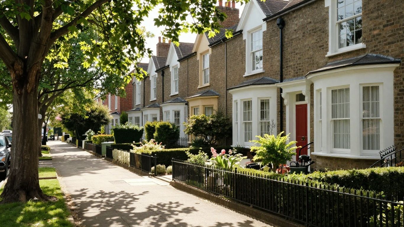 Charming English suburban street with houses and gardens.