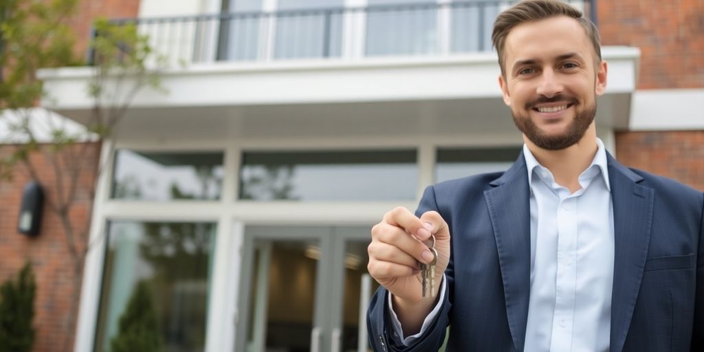 Professional real estate broker holding keys.