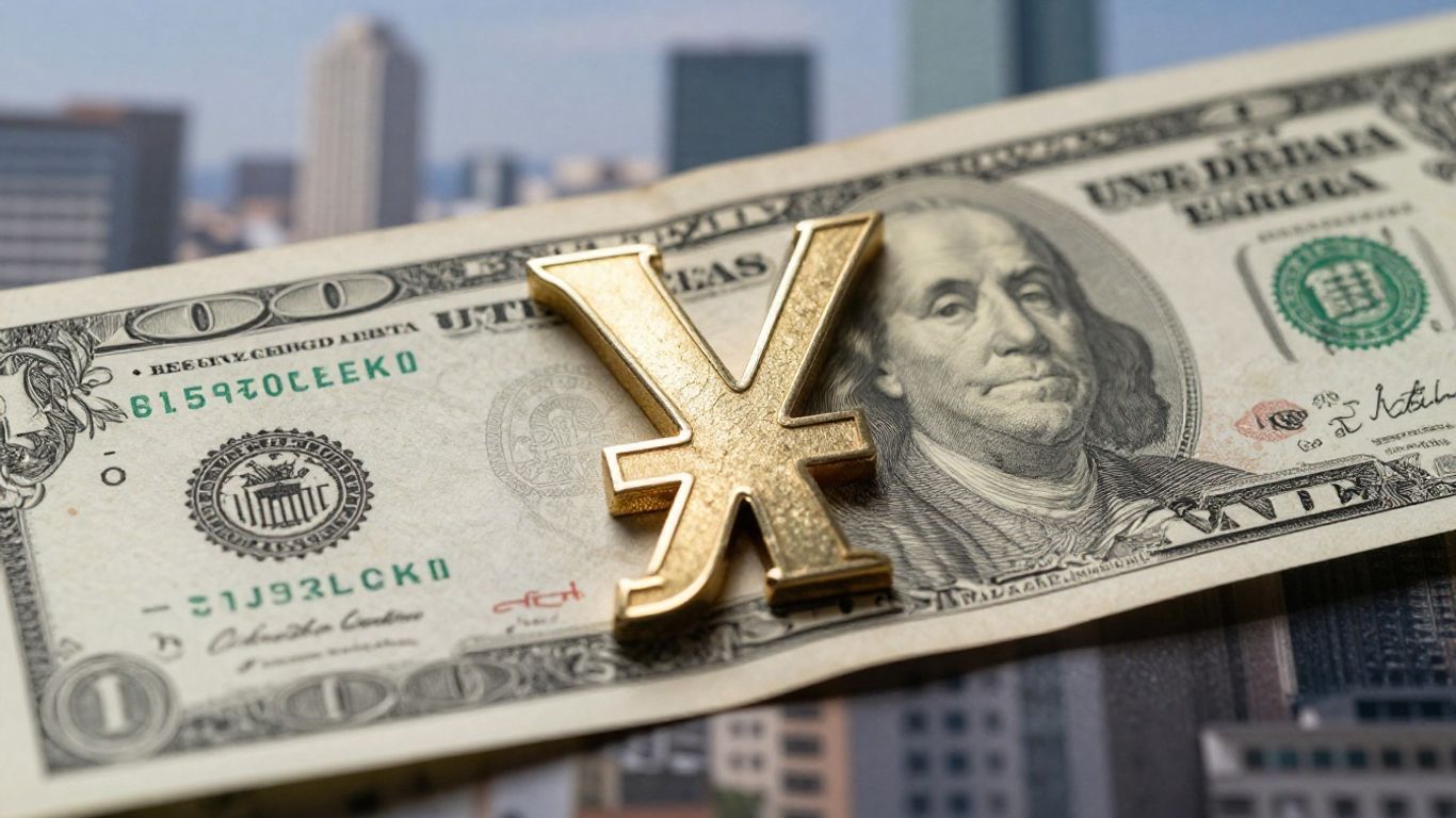 USD/JPY currency pair with cityscape background.