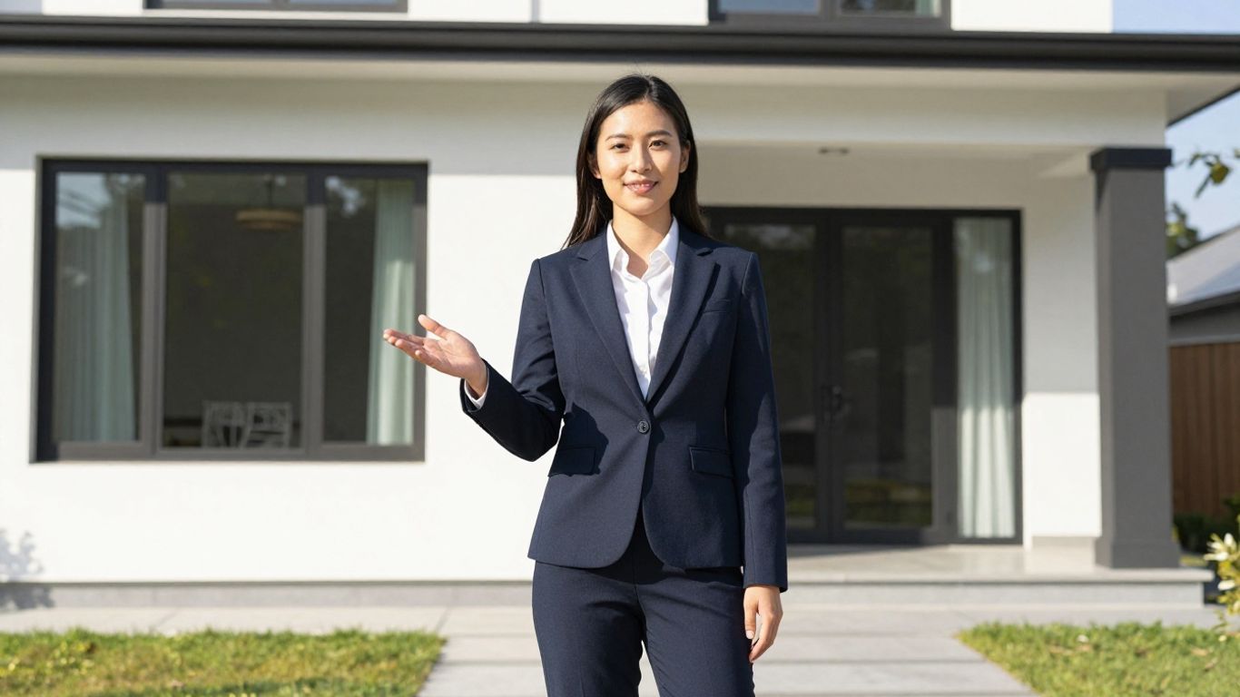 Real estate broker in front of a modern house.