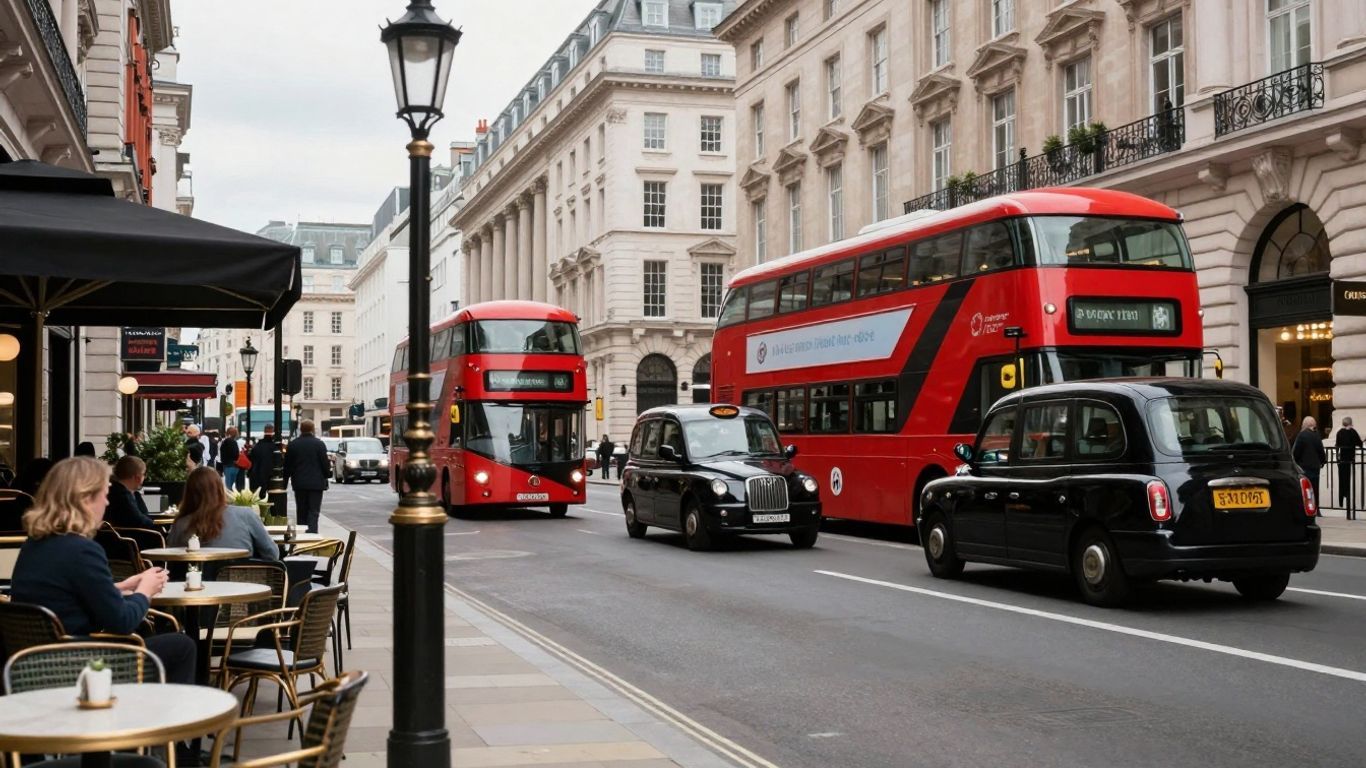Iconic London street with red buses and black cabs.