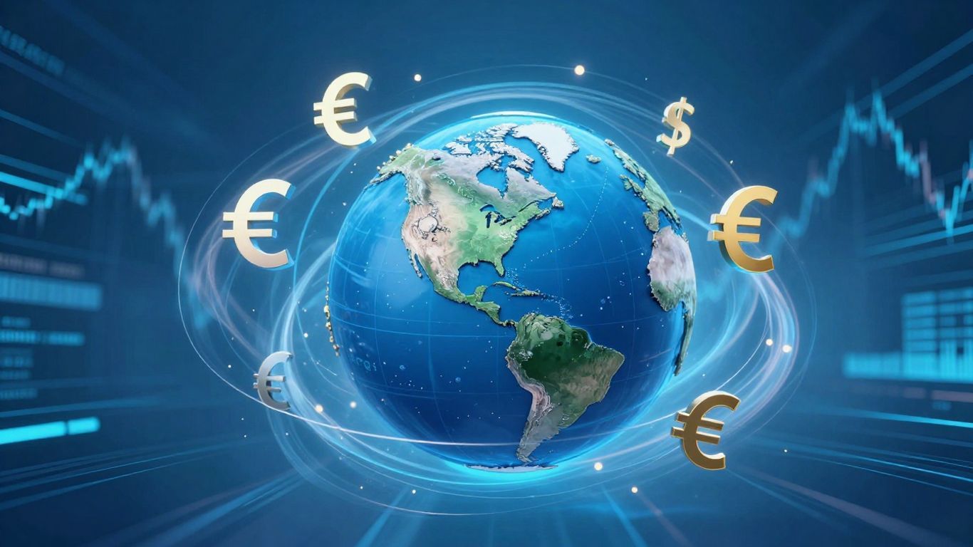 Global currency symbols swirling around a stylized globe.