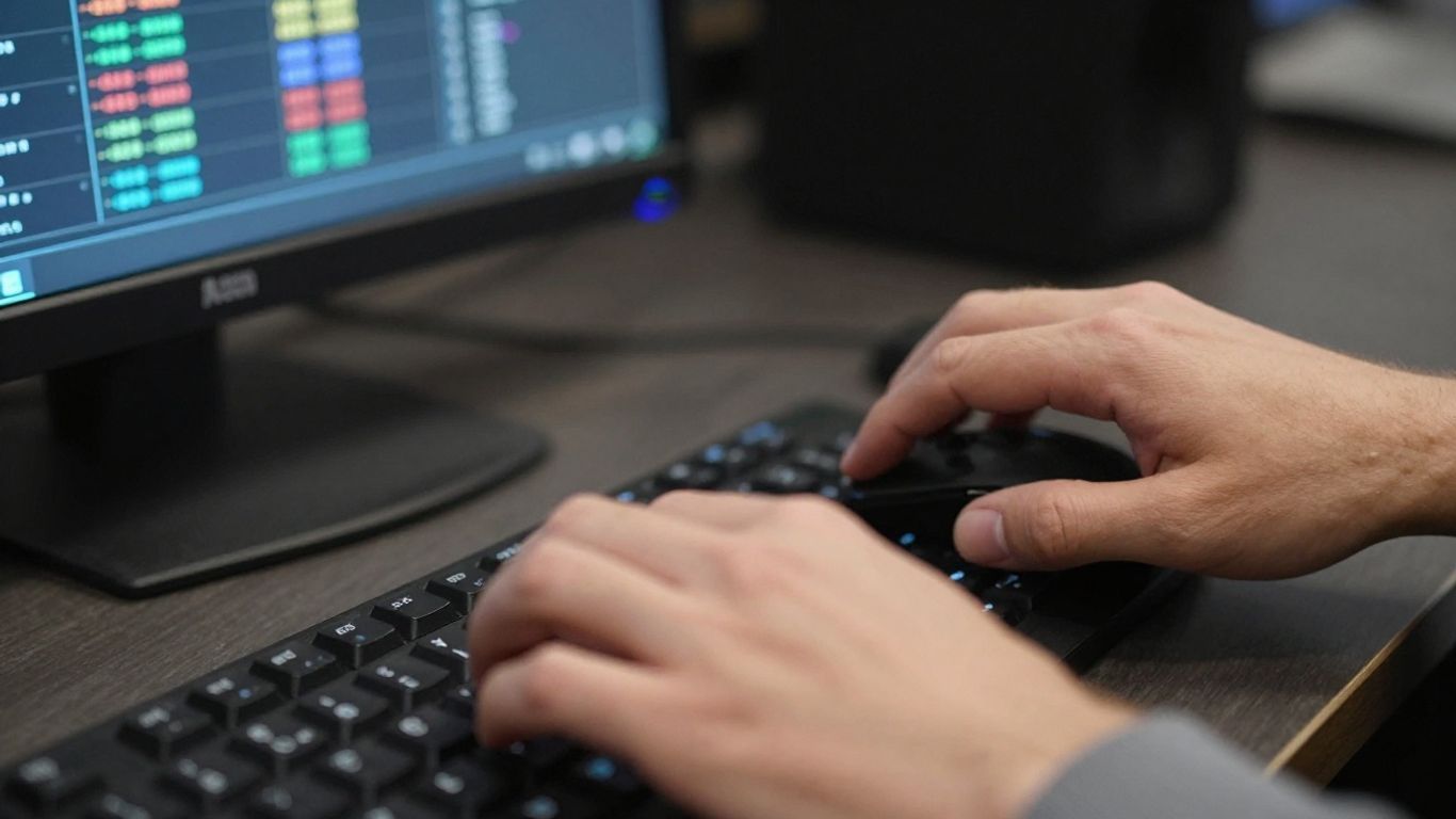 Hands actively trading stocks on a computer.