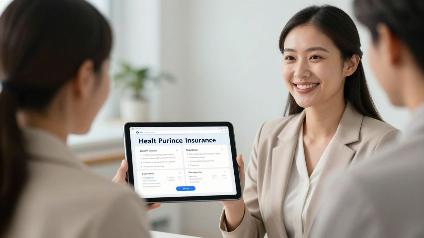 Health insurance broker assisting client with plan options.