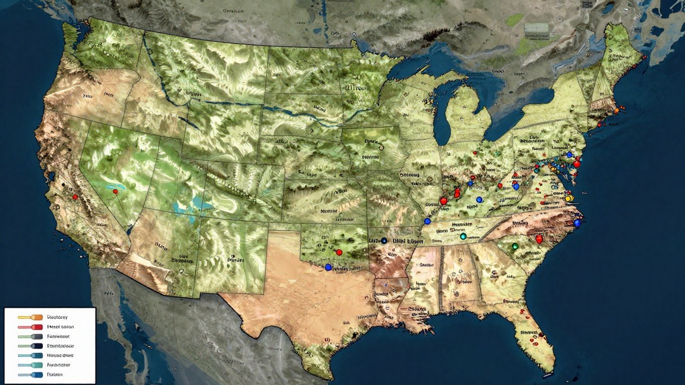 Interactive map of US cities with geographical features.