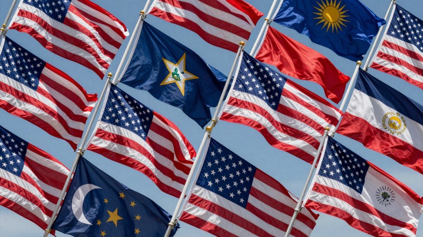 Collage of colorful American state flags.