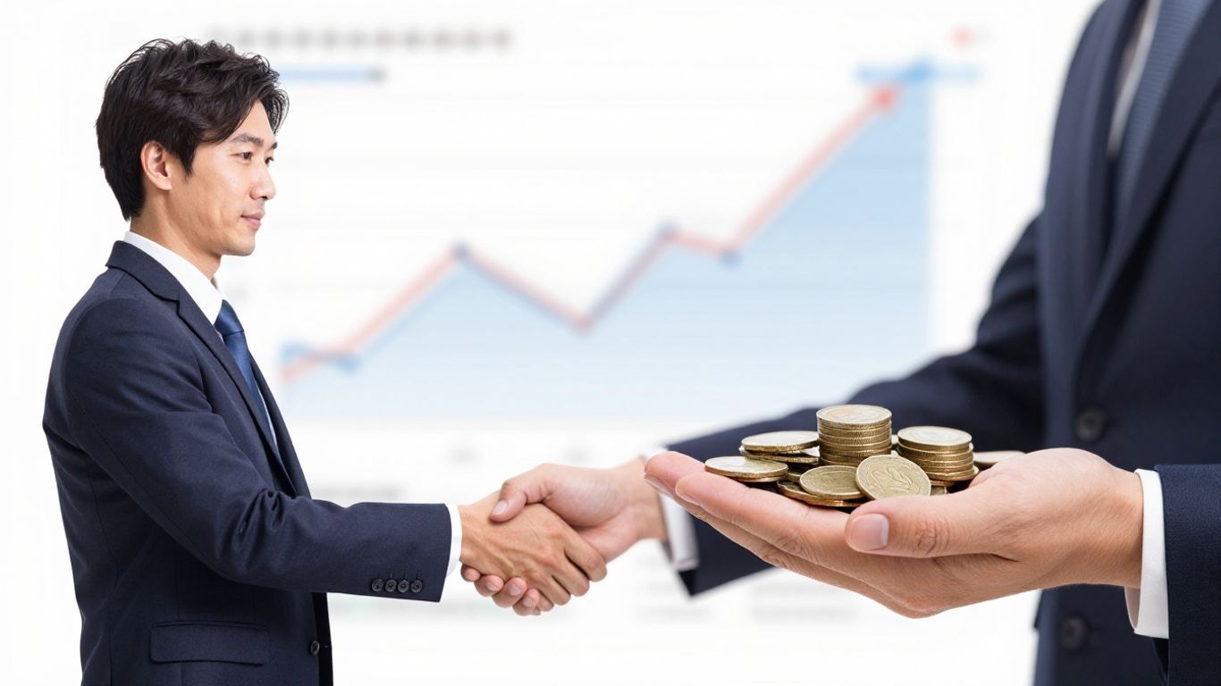 Broker and dealer handshake with financial symbols.