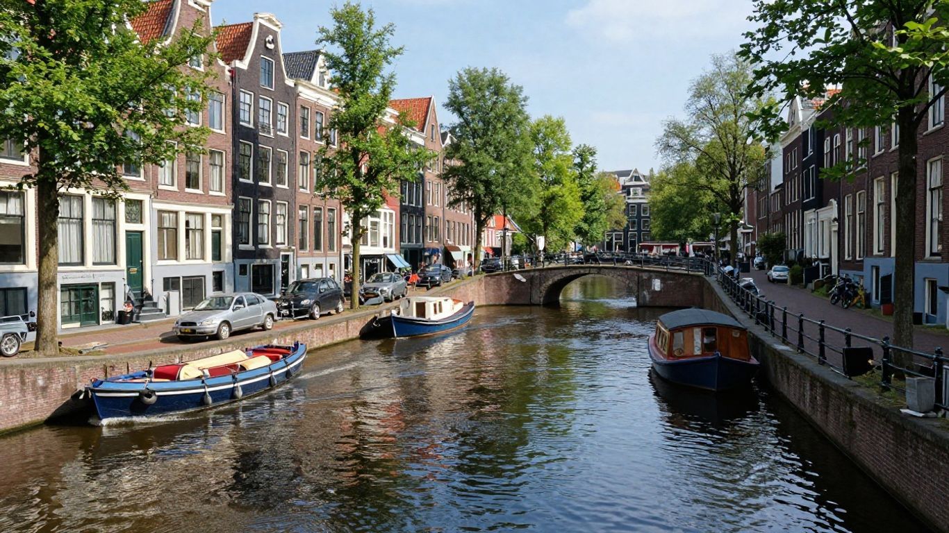 Canal in Amsterdam with Dutch houses and boats.