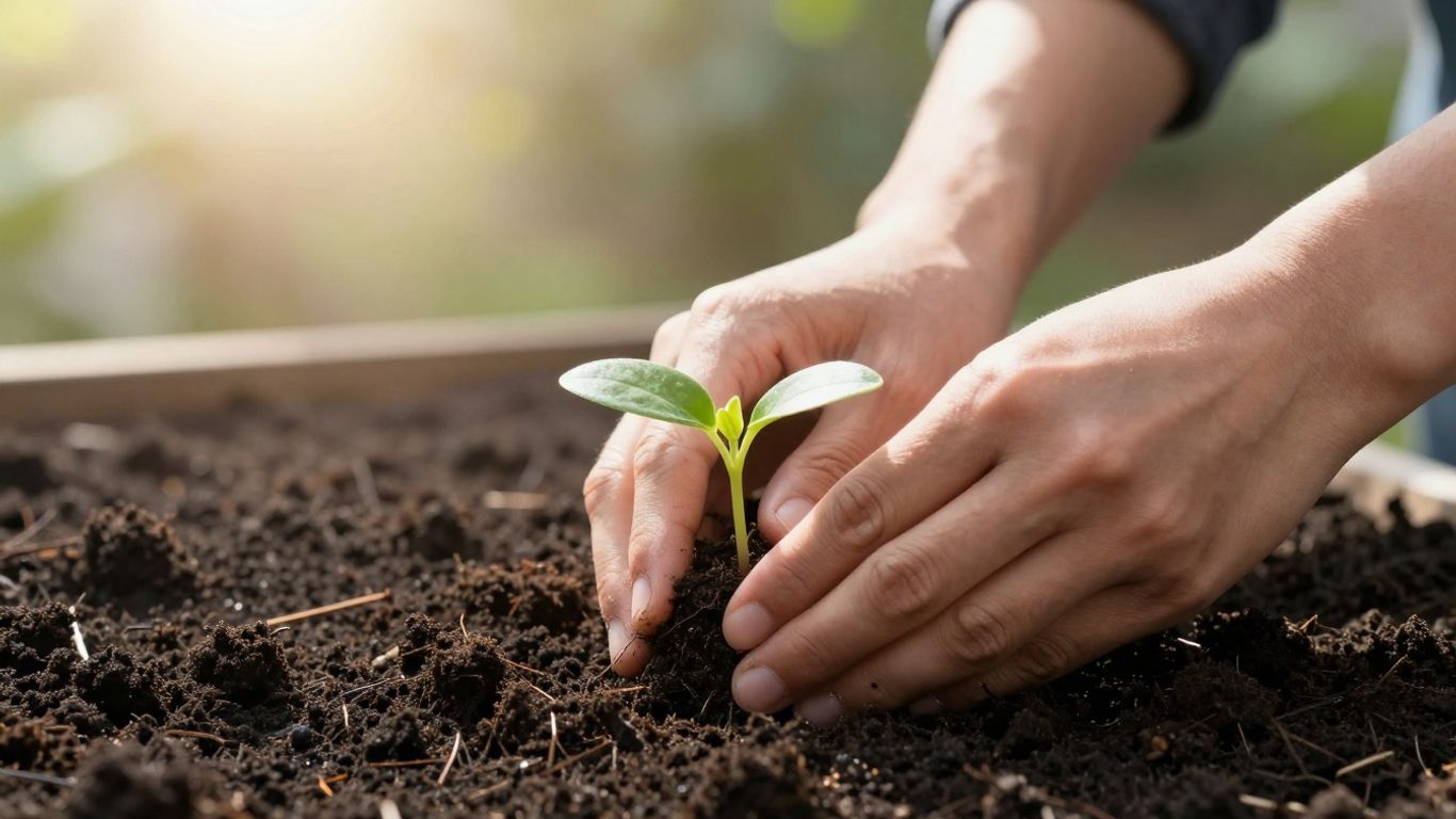 Hands planting a seedling in soil