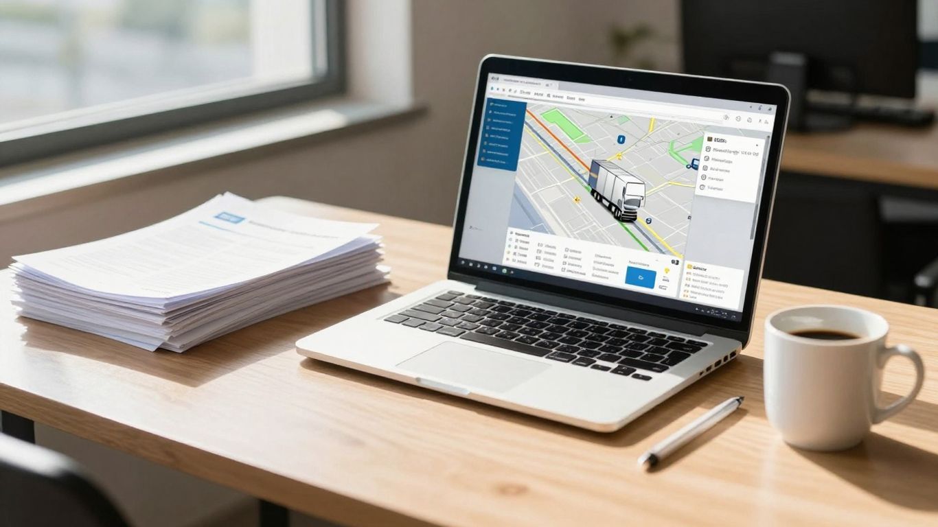 Office desk with laptop showing trucking routes and business documents.