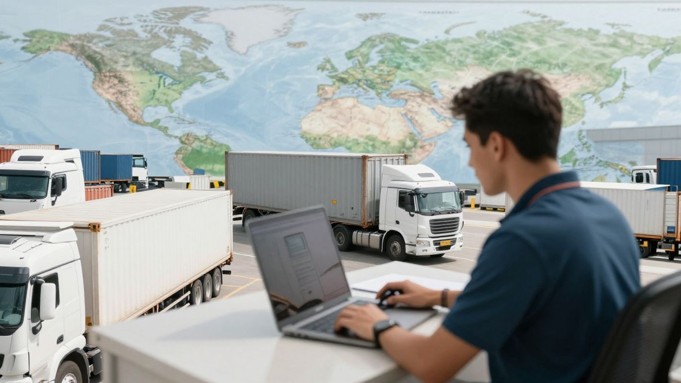 Freight brokerage operations with trucks and containers.