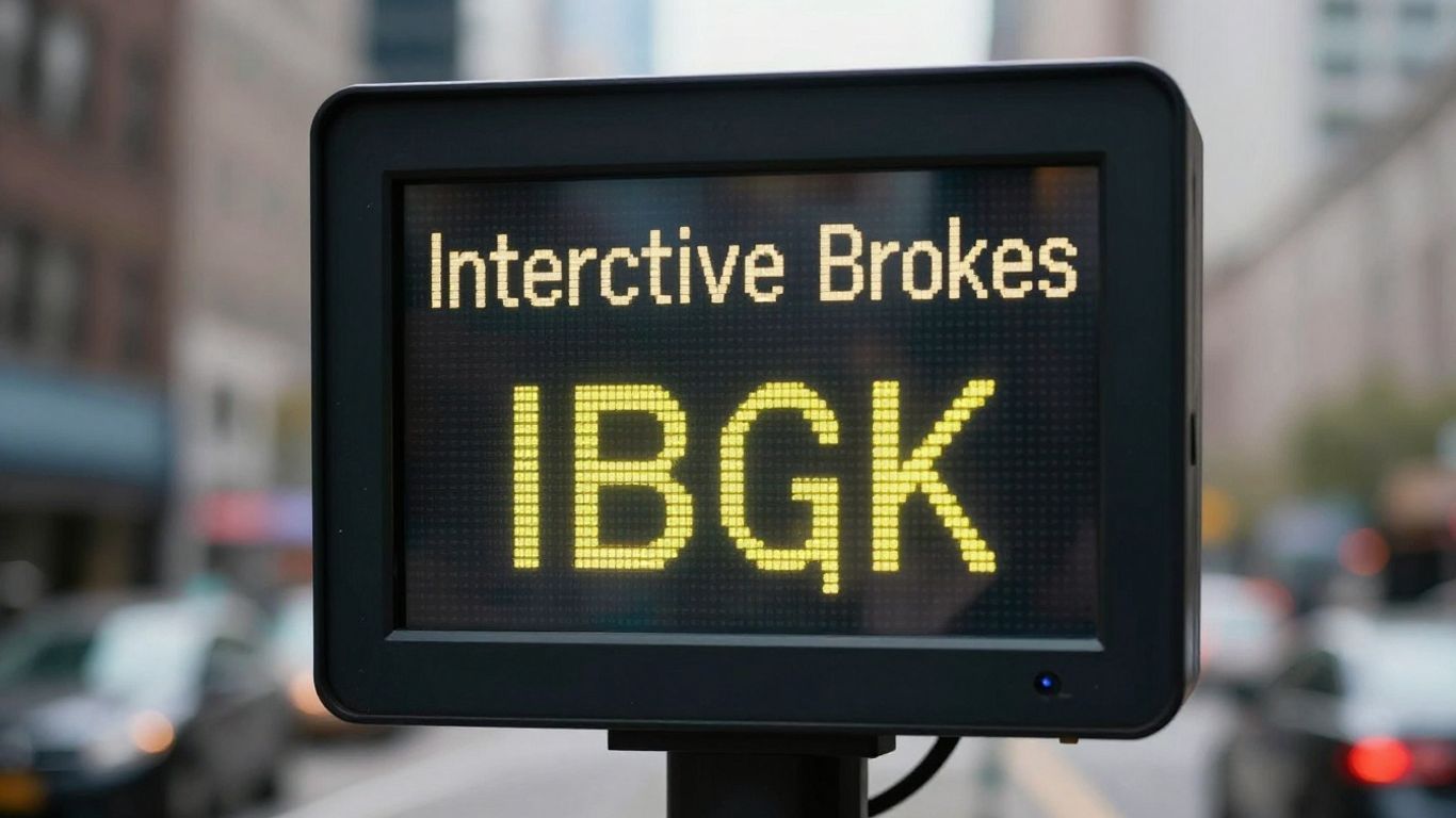 Interactive Brokers stock ticker with cityscape background.