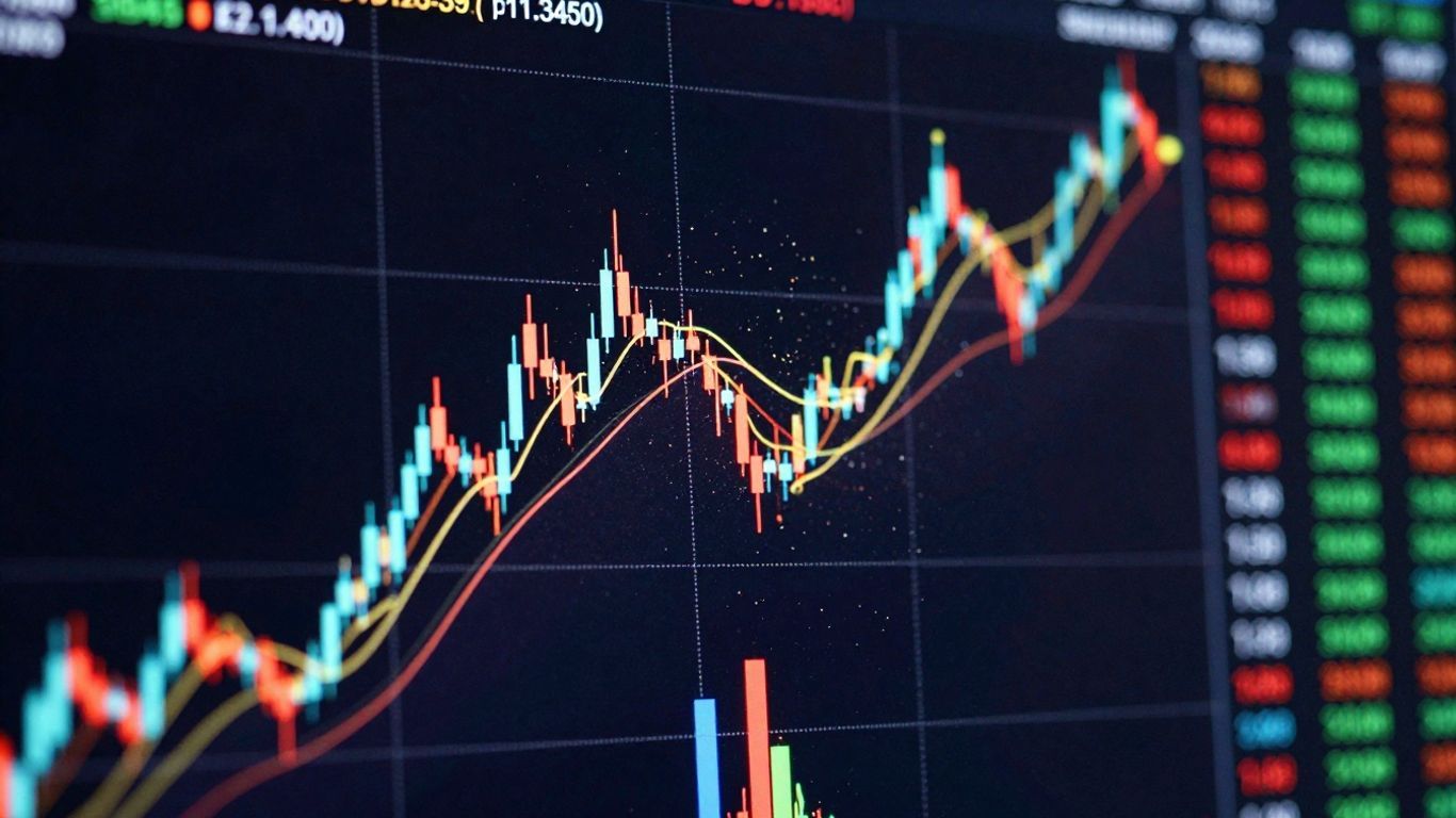 Abstract financial data flow with glowing lines and particles.