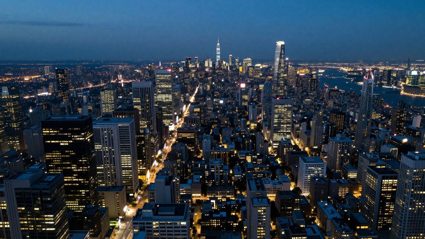 Aerial view of a vast, illuminated cityscape at dusk.