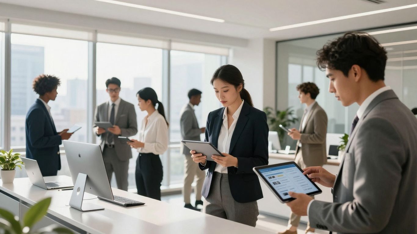 Real estate agents using technology in a modern office.