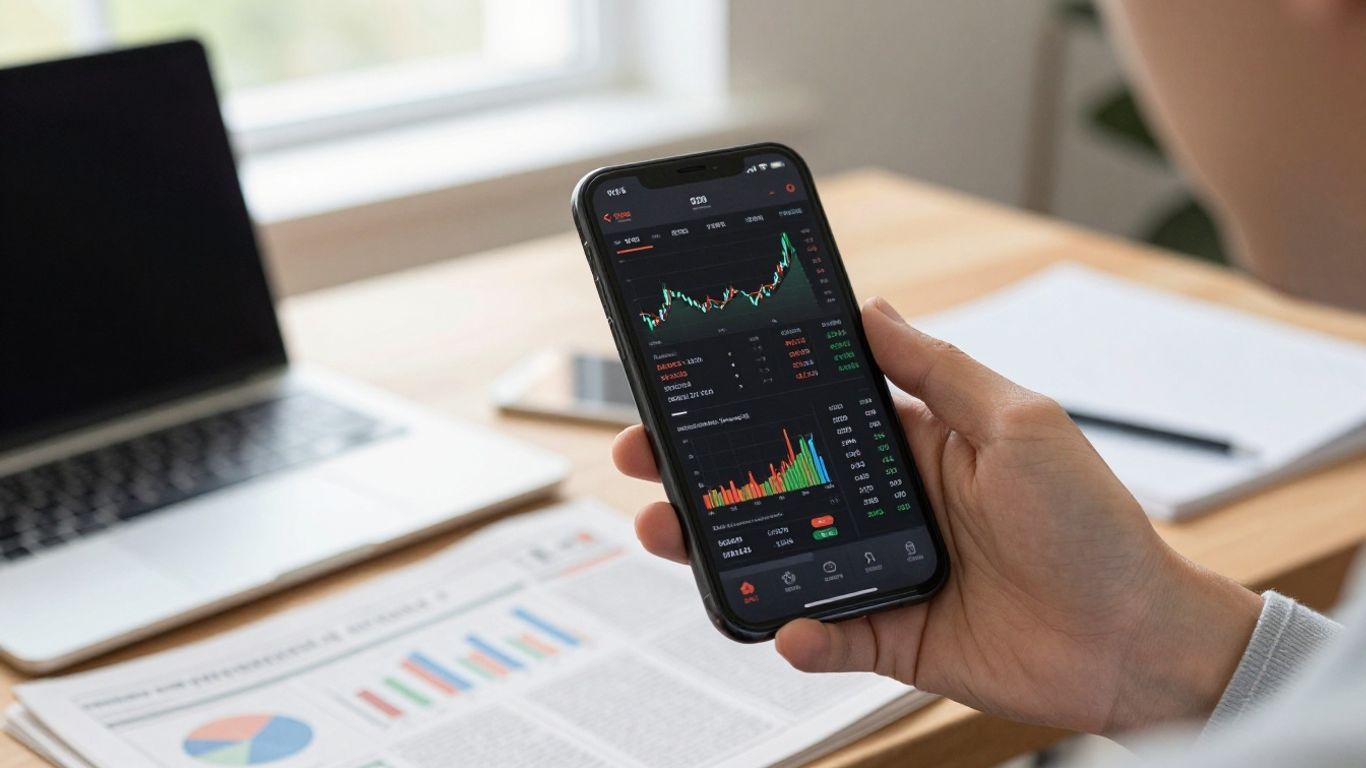 Hands holding smartphone with stock market data.