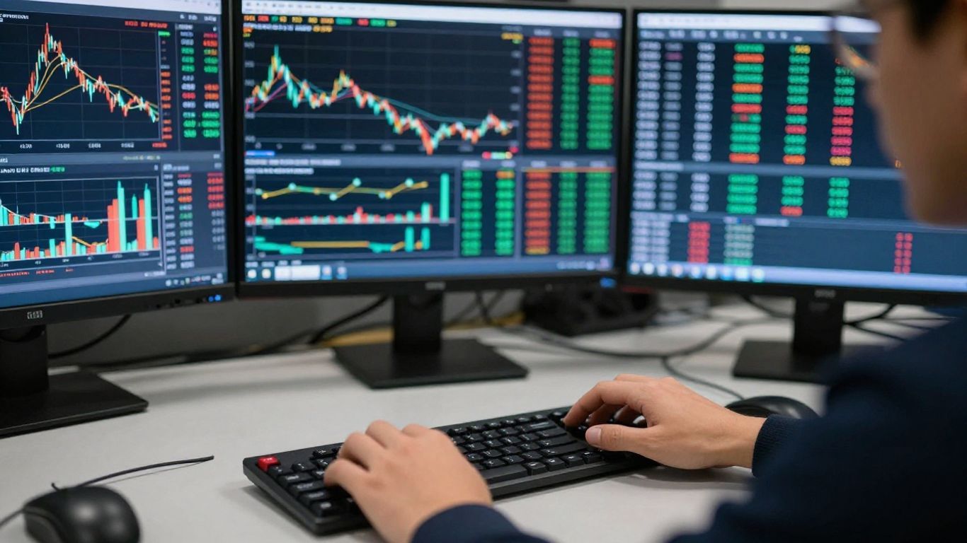 Forex trading desk with monitors and keyboard.