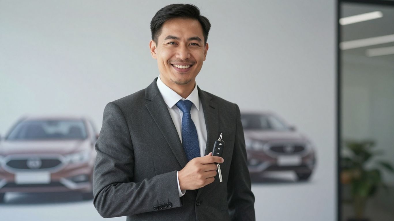 Insurance broker holding car key, offering guidance.