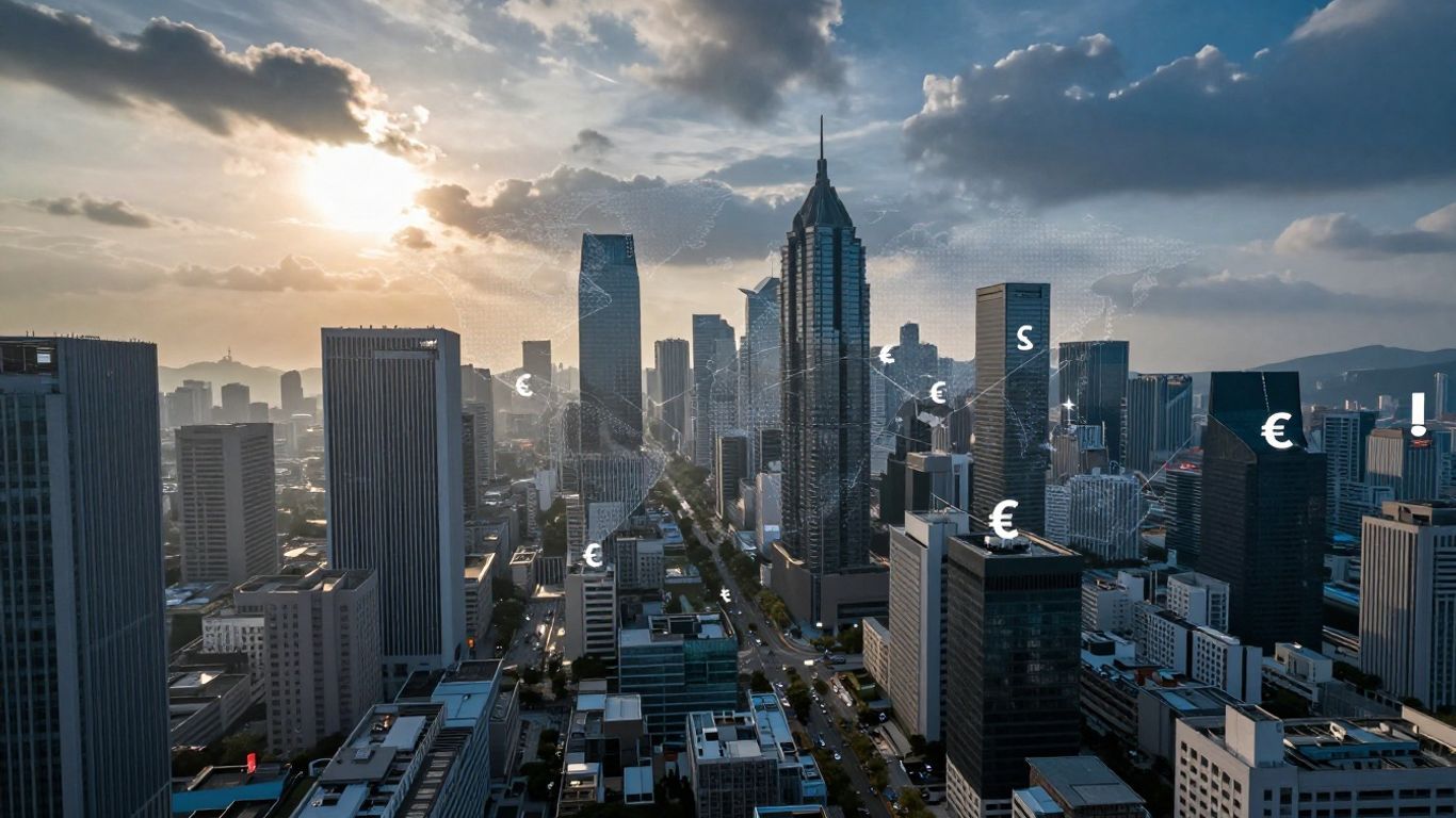 Global financial district with currency symbols at sunrise.