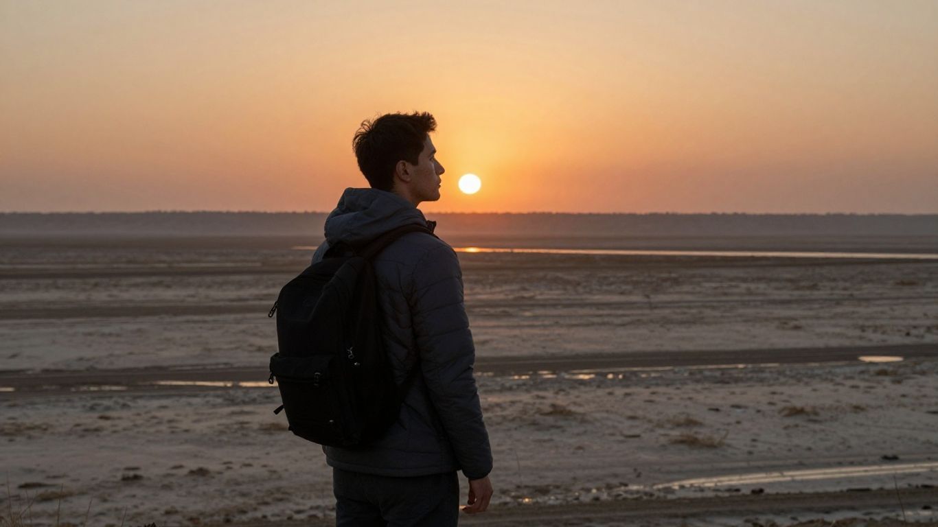 Person looking towards a bright horizon at sunrise.