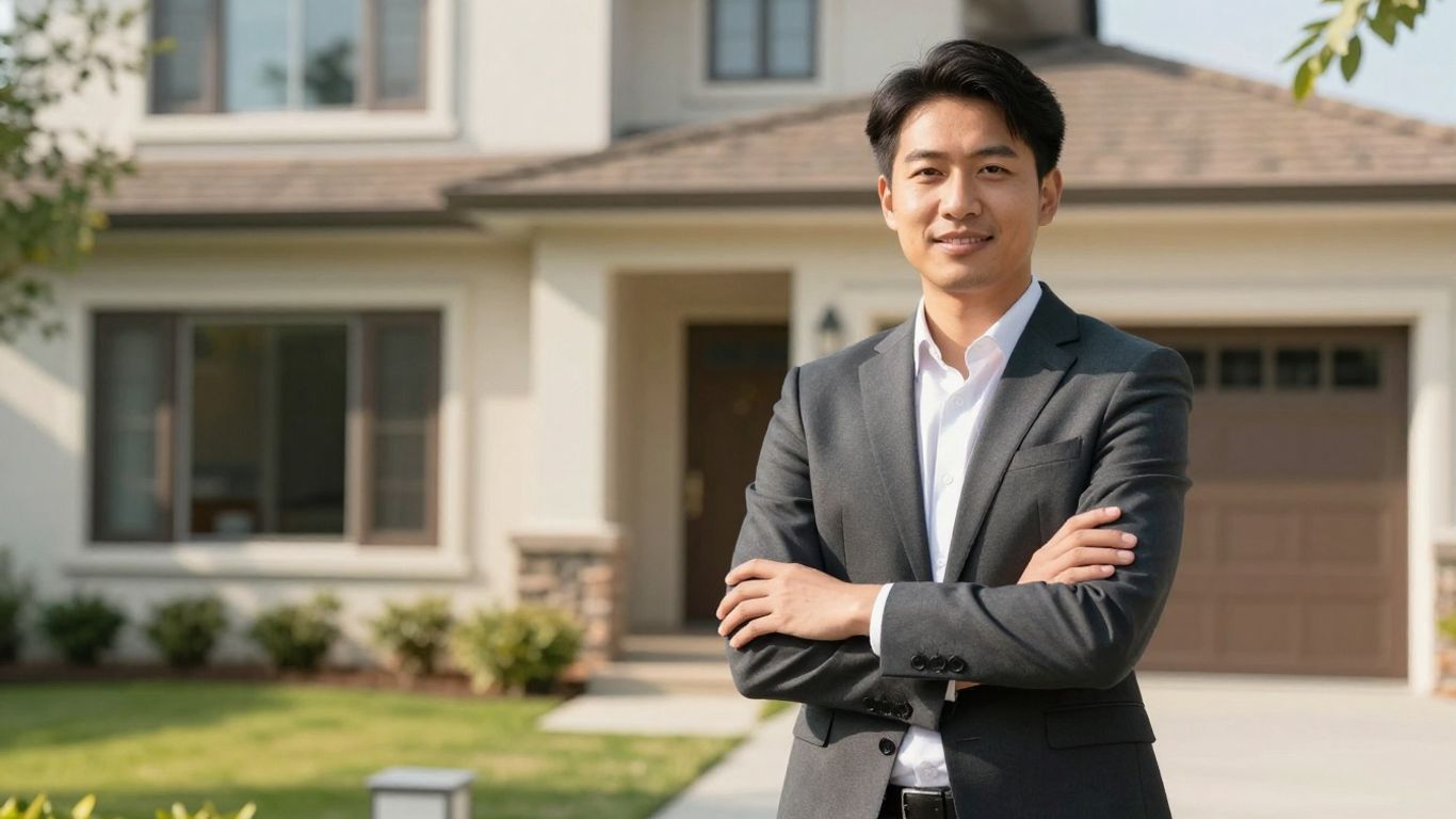 Real estate broker standing in front of a house.